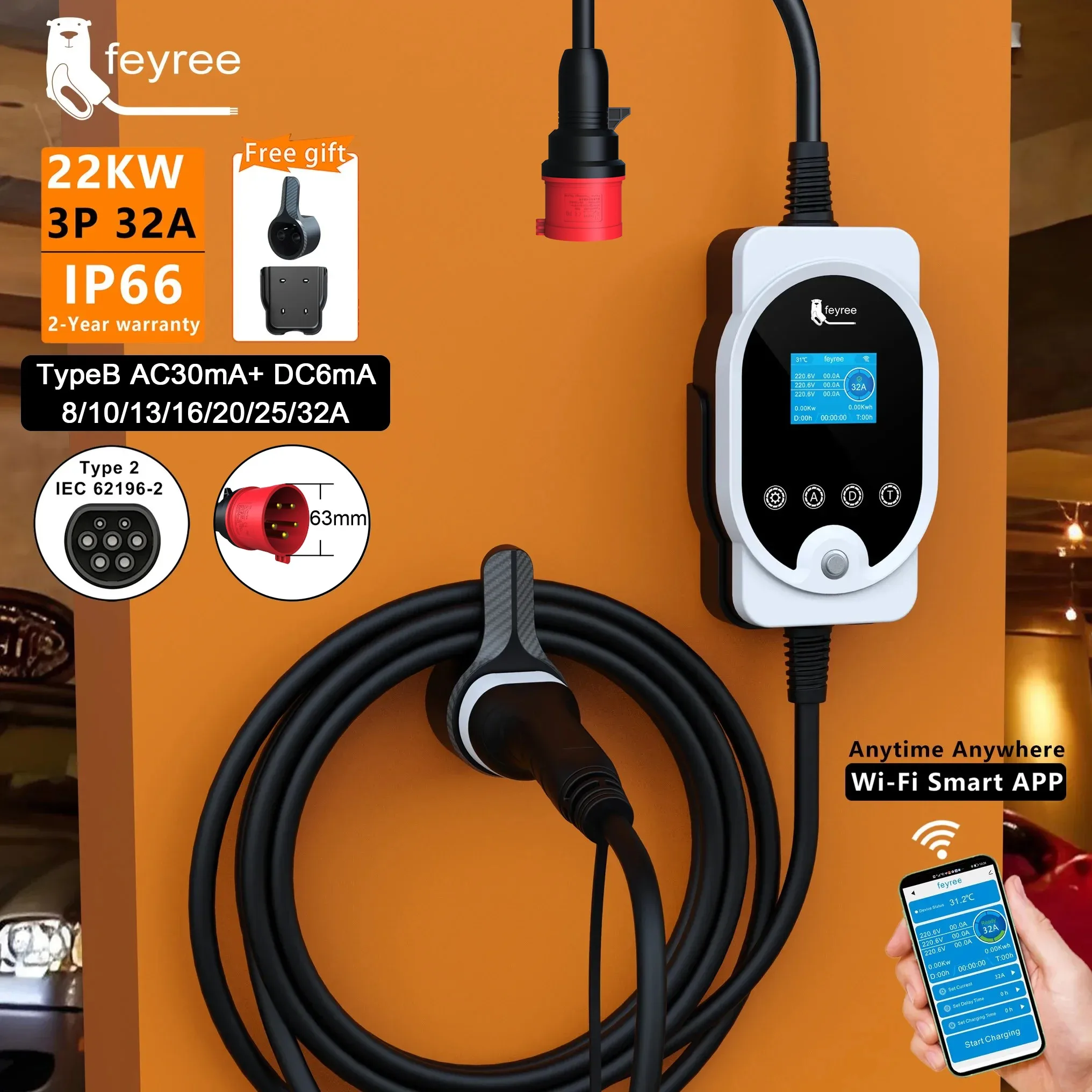 Ev Charger Type 2 22Kw 32A 3 Phase - Feyree - Estación de Carga Rápida