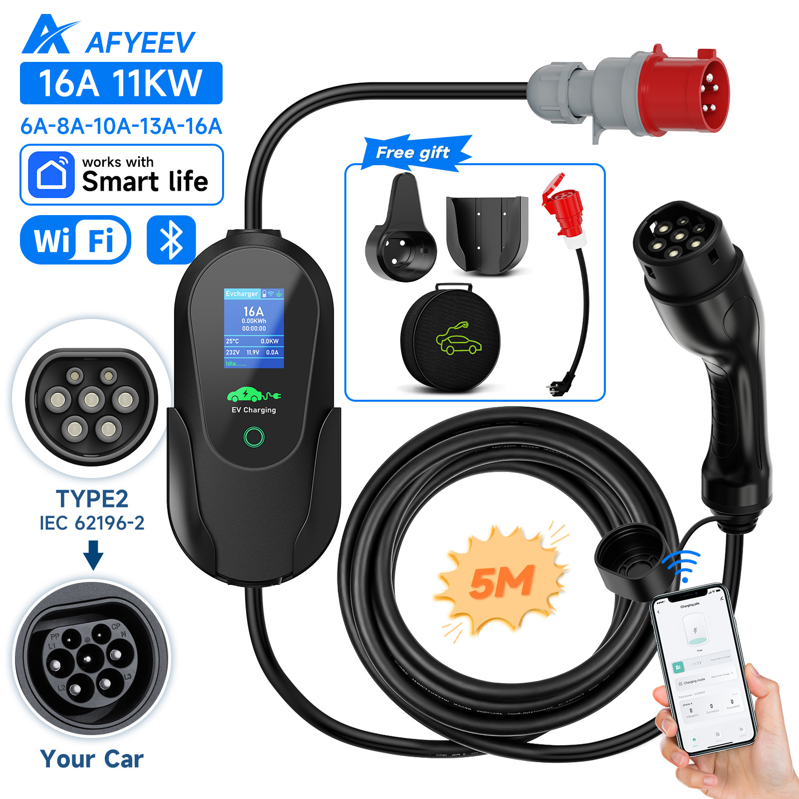 AFYEEV-cargador EV portátil Ty - Type 2 Portable Ev Charger 11Kw Cee reseña y precio